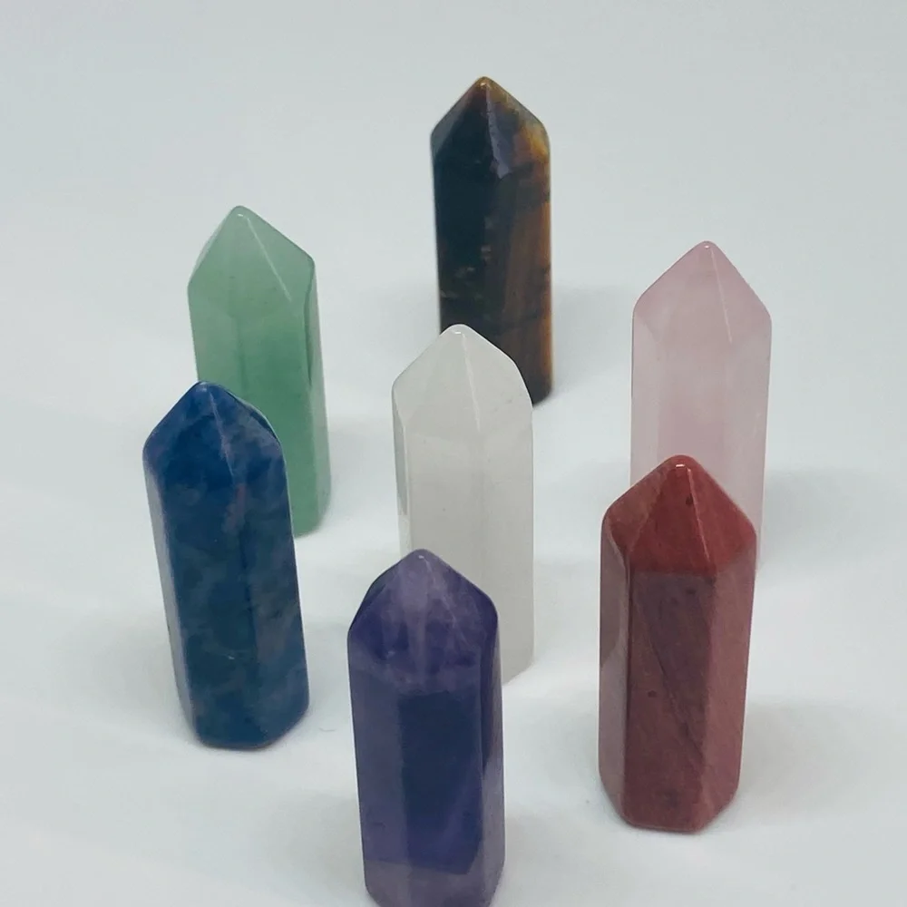 Gemstone towers 1.25 inch. Tiger’s eye, amethyst, quartz, rose quartz, etc